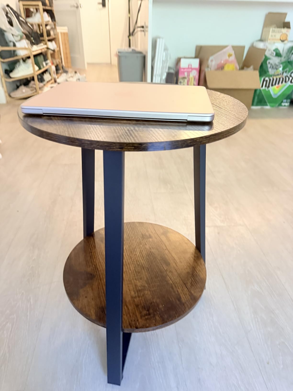 Round End Table Set of 2, 2-Tier Tray Top Side Table, Modern Farmhouse Couch Table, Walnut customer photo 2