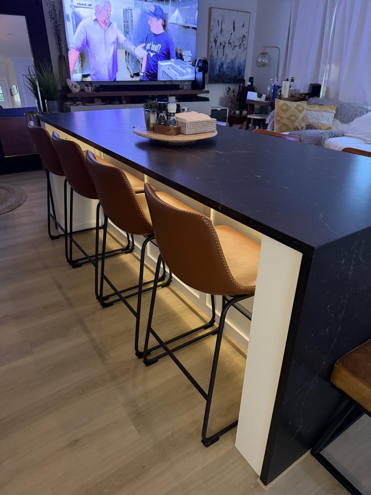 DUMOS Counter Height Bar Stools Set of 4, Faux Leather Metal Bar Chairs | Barstools with Back, Leg, Armless, Upholstered, Kitchen Island, Modern Design, 26 Inch, Brown customer photo 2