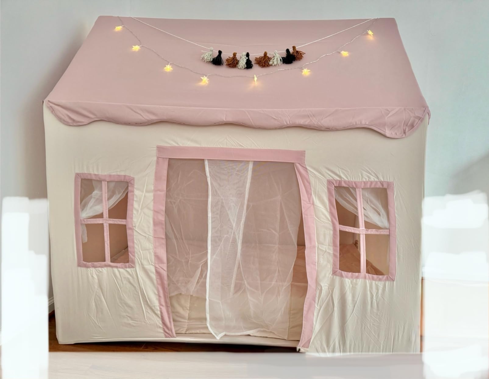Little Dove Kids Play Tent with Mat, Kids Playhouse with 2 Windows, Star Lights & Tassel Garland, Indoor Outdoor Reading Nook, Machine Washable Cover, Gifts for Girls & Boys, 42