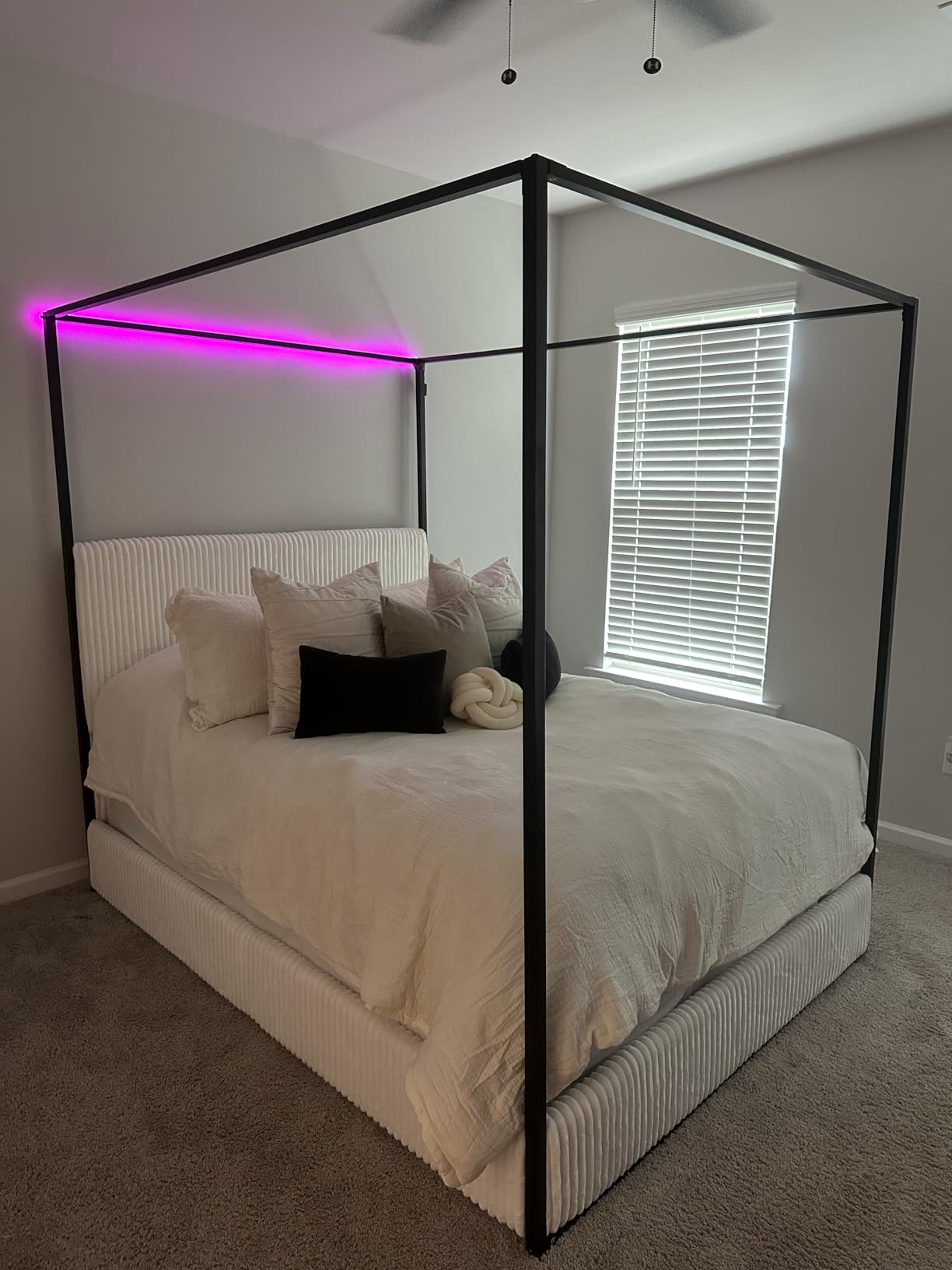 LUMISOL King Size Canopy Bed with Tall Headboard, Upholstered Canopy Platform Bed with Metal Posters, Metal 4 Poster Bed Frame with Wood Slats Support, No Box Spring Needed, Beige + Gold customer photo 1
