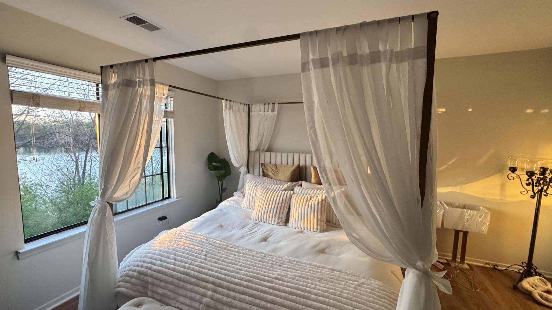 LUMISOL King Size Canopy Bed with Tall Headboard, Upholstered Canopy Platform Bed with Metal Posters, Metal 4 Poster Bed Frame with Wood Slats Support, No Box Spring Needed, Beige + Gold customer photo 2