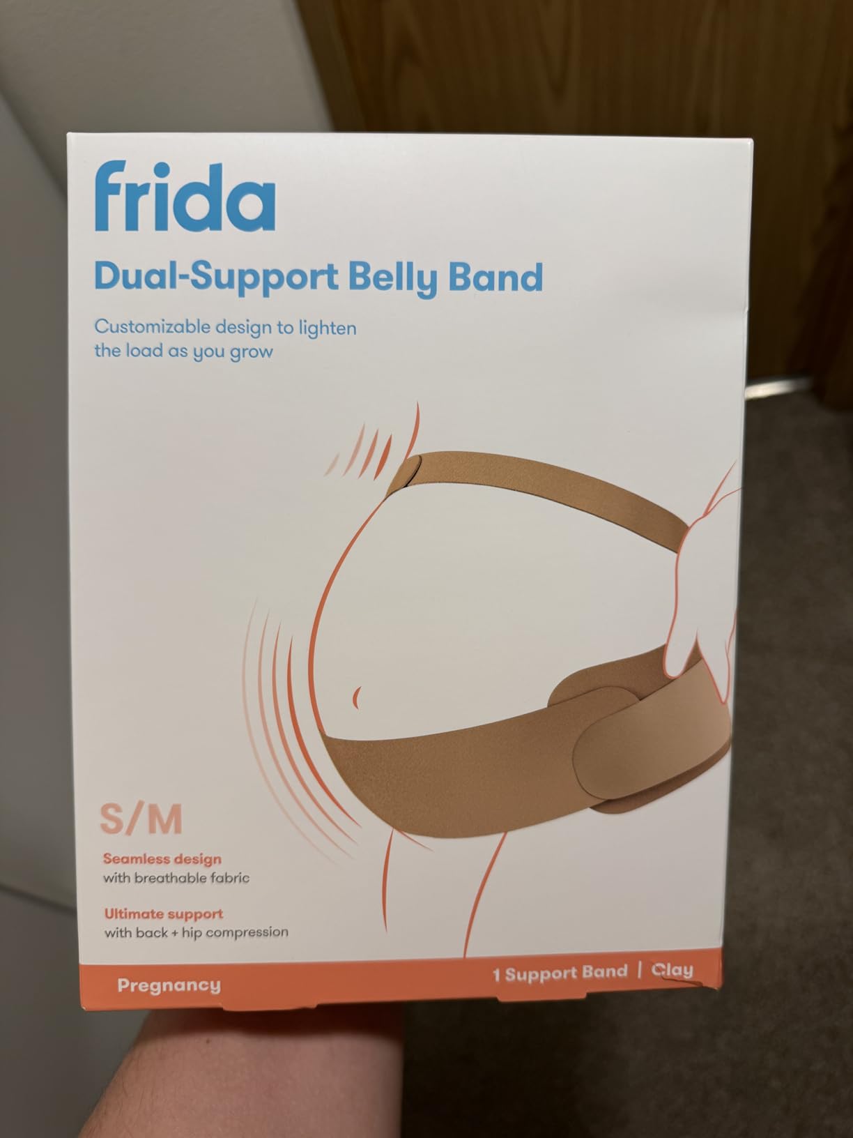 Frida Mom Dual Support Pregnancy Belly Band S/M, Maternity Belly Band with Ultimate Support Back, Hip & Pelvic, Adjustable, Lightweight, Breathable & Comfy, Supports Bump as Baby Grows, Clay customer photo 1