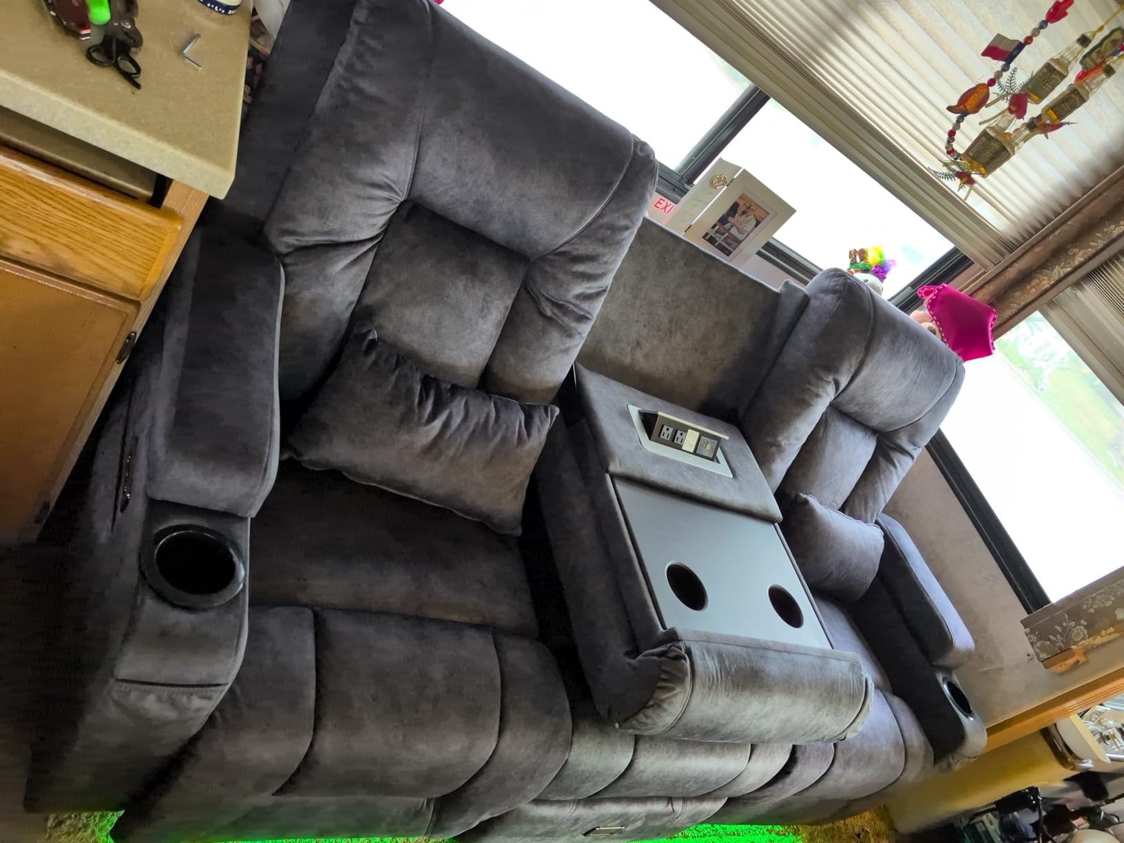 URRED Wall Hugger Power Reclining Loveseat Sofa, Beige, 68.1-Inch 2-Seater with Console, Home Theater Seating with LED Lights, USB Ports, Cup Holders & Storage, Faux Leather customer photo 1