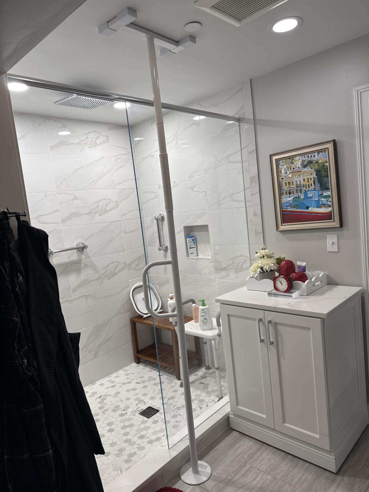 Stander Double Handle Non-Rotating Floor to Ceiling Grab Bar, No-Drill Tension Mounted Transfer Pole for Seniors, Bath Safety & Bedside Assist Rail for Home Standing Support & Fall Prevention, White customer photo 1