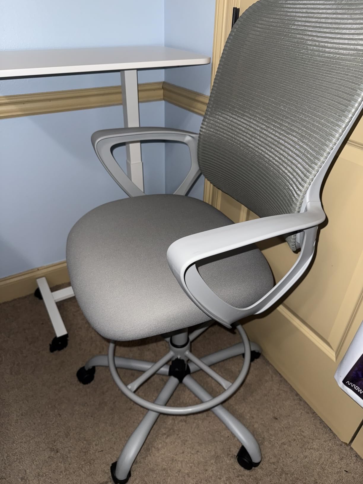 Sweetcrispy Tall Drafting Chair, High Office Desk Chair with Footrest, Comfy Lumbar Support, Counter Height Adjustable, Fixed Arms, 360 Computer Rolling Stool, Grey customer photo 2