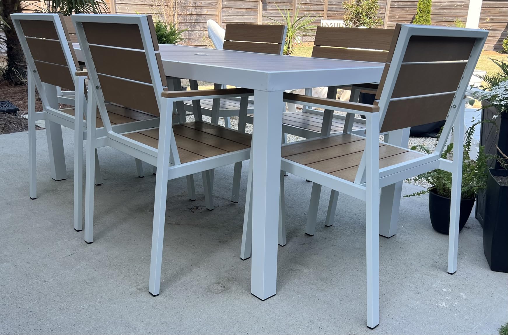 Vexwalx 7-Piece Outdoor Dining Set, Aluminum Dining Table Set for 6, Patio Table and Chairs Set with Umbrella Hole, All Weather HDPS Outdoor Table and Chairs for 6 (Gray-Teak) customer photo 1