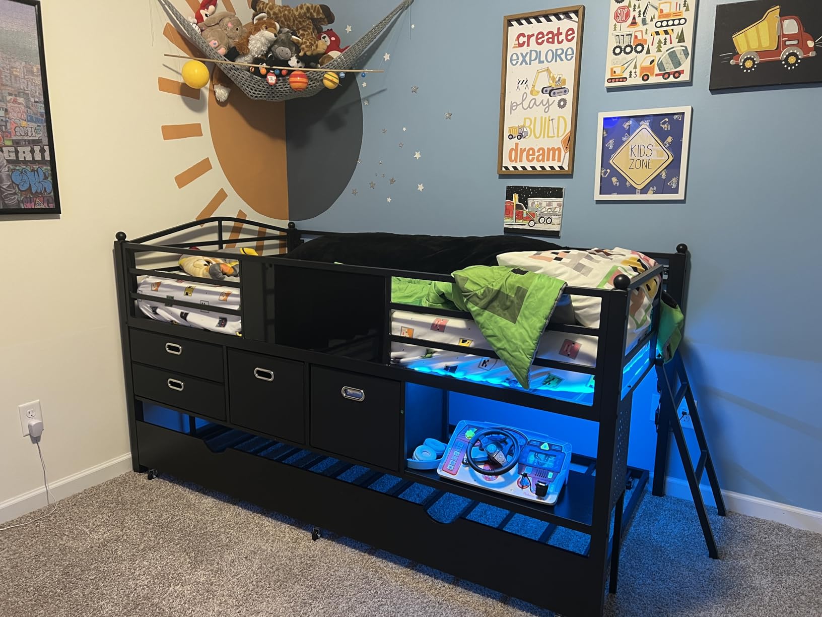 ADORNEVE Low Loft Bed Twin Size with Trundle & 4 Storage Drawers, Black | Kids Loft Bed with RGB LED Light, Open Cubbies, DIY Pegboard, Safety Guardrail and Under-Bed Play Zone for Boys customer photo 1