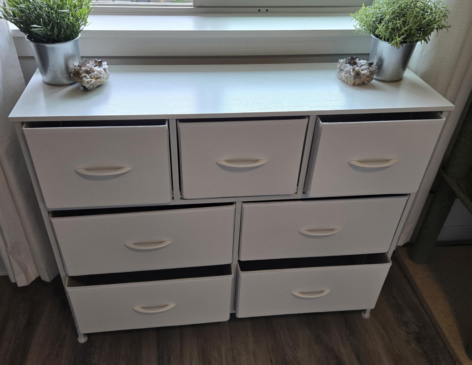 OLIXIS 7 Drawer Fabric Dresser, Storage Tower for Bedroom and Closet | White Easy-Pull Bins for Closet Organizers, Chest of Drawers with Sturdy Steel Frame & Wooden Top for Living Room, Entryway customer photo 1