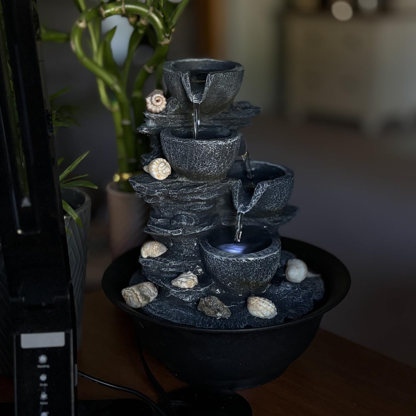 8.3 Inch Indoor Zen Tabletop Water Fountain, Rock Cascading Waterfall with Spinning Crystal Ball & LED Light for Home Office Decor customer photo 1