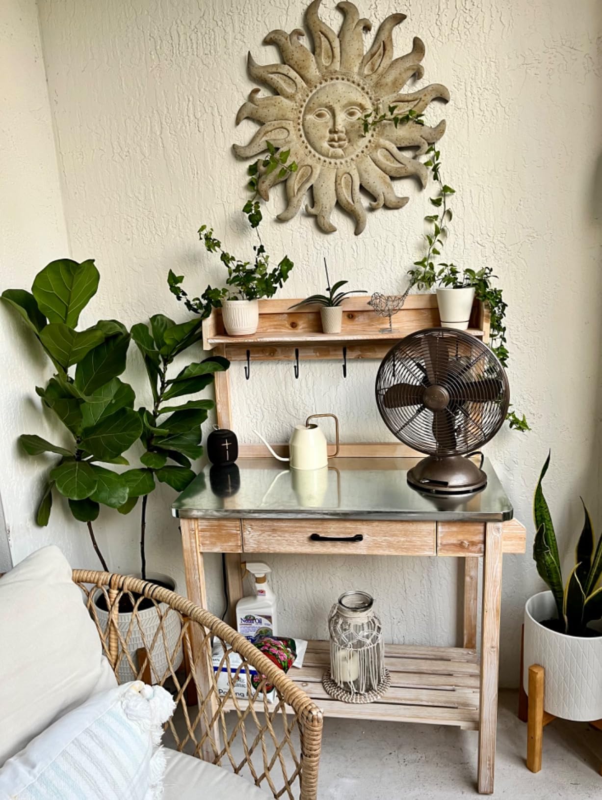 HOLTICO Potting Bench with Storage Drawer, Natural | Potting Table with Metal Tabletop, Removable Top Shelf & 3 Side Hooks for Balconies, Greenhouses, Front Porches, Patios customer photo 1