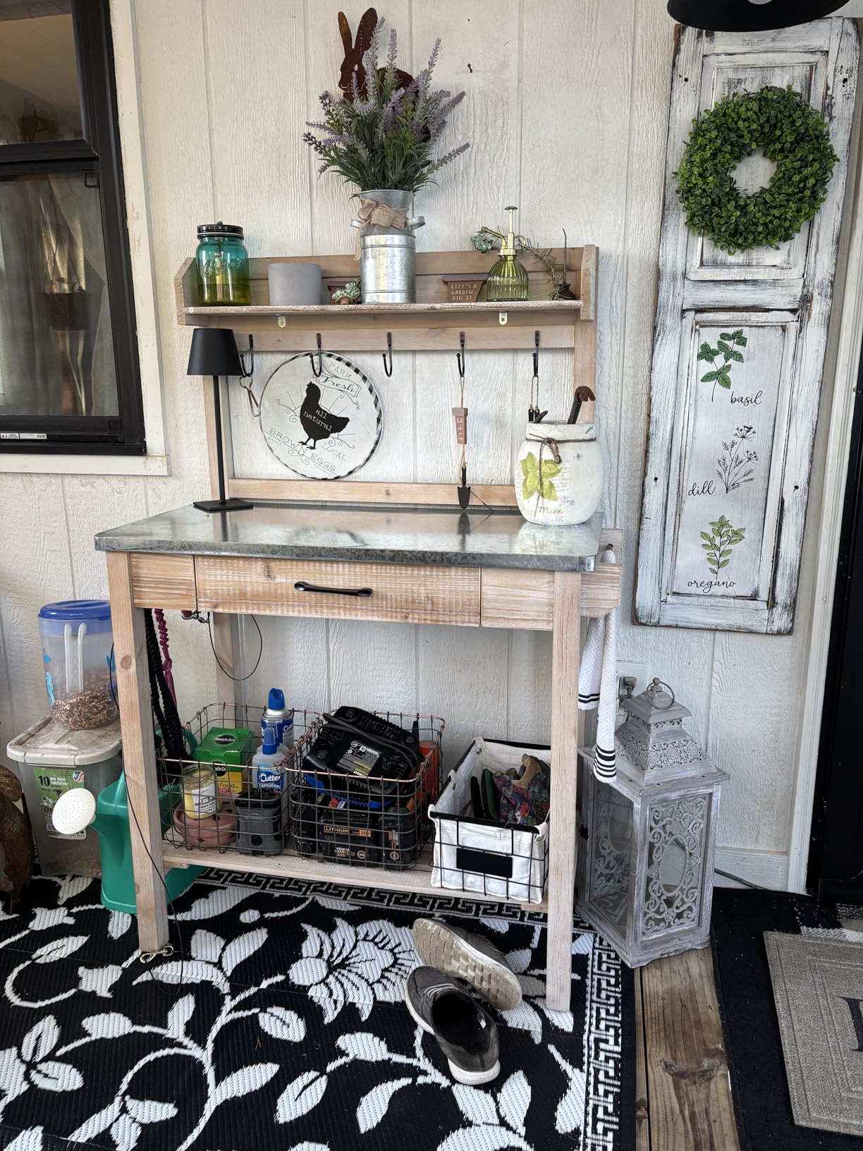 HOLTICO Potting Bench with Storage Drawer, Natural | Potting Table with Metal Tabletop, Removable Top Shelf & 3 Side Hooks for Balconies, Greenhouses, Front Porches, Patios customer photo 2