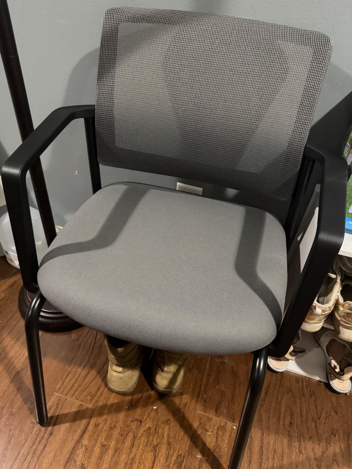 Sweetcrispy Waiting Room Chairs 4 Pack, Mesh Office Guest Chairs | Stacking Arm, Upholstered Breathable Fabric, Sturdy Metal, Easy Store, Reception, Conference, Meeting, Home Office, Grey customer photo 1