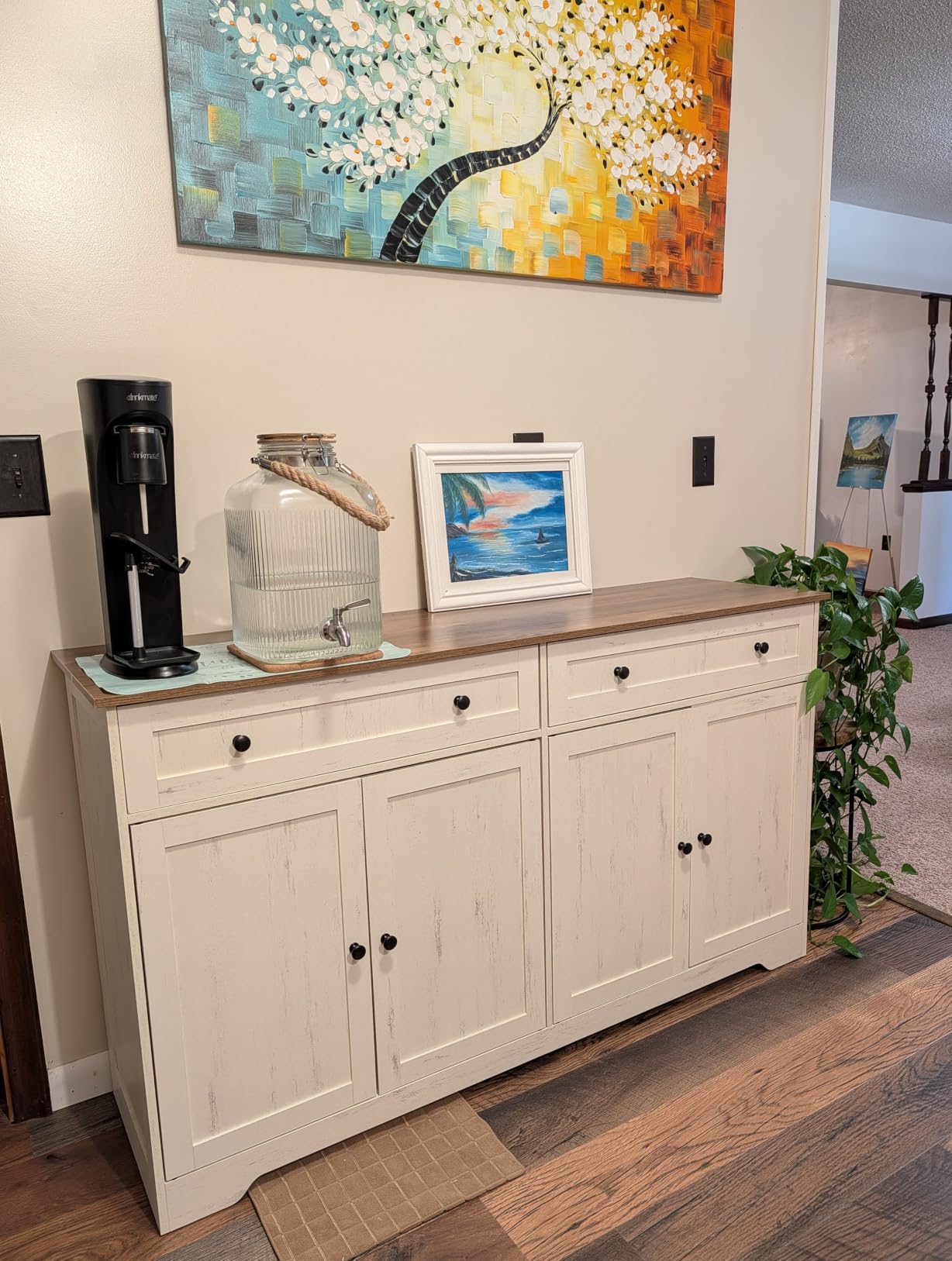 VASAGLE Buffet Cabinet, Sideboard, 3 Doors, 42.1 x 15.8 x 31.8 Inches | Farmhouse Coffee Bar Cabinet with 2 Drawers, Adjustable Shelves, Rustic White and Honey Brown, SIREN Collection ULSC531WJ01S customer photo 1