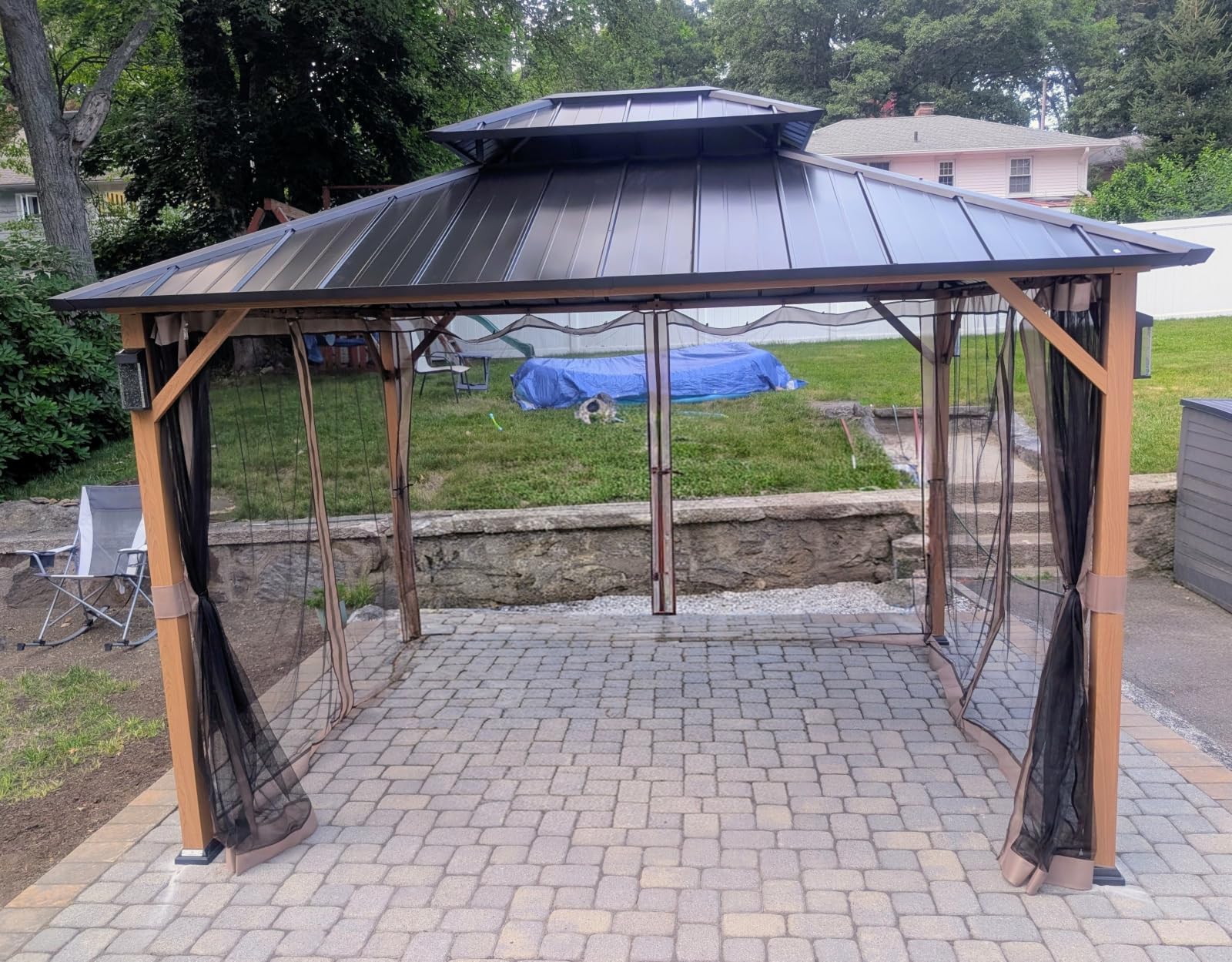 Modern Shade Hardtop Gazebo 10x12 with 4 LED Lights for Backyard Wood Grain | Permanent Hard Top Gazebo with Galvanized Steel Double Roof, Metal Gazebo with Decor Hooks, Mosquito Nettings for Patio customer photo 1