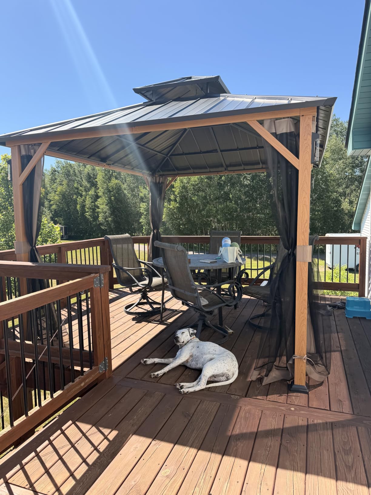 Modern Shade Hardtop Gazebo 10x12 with 4 LED Lights for Backyard Wood Grain | Permanent Hard Top Gazebo with Galvanized Steel Double Roof, Metal Gazebo with Decor Hooks, Mosquito Nettings for Patio customer photo 2