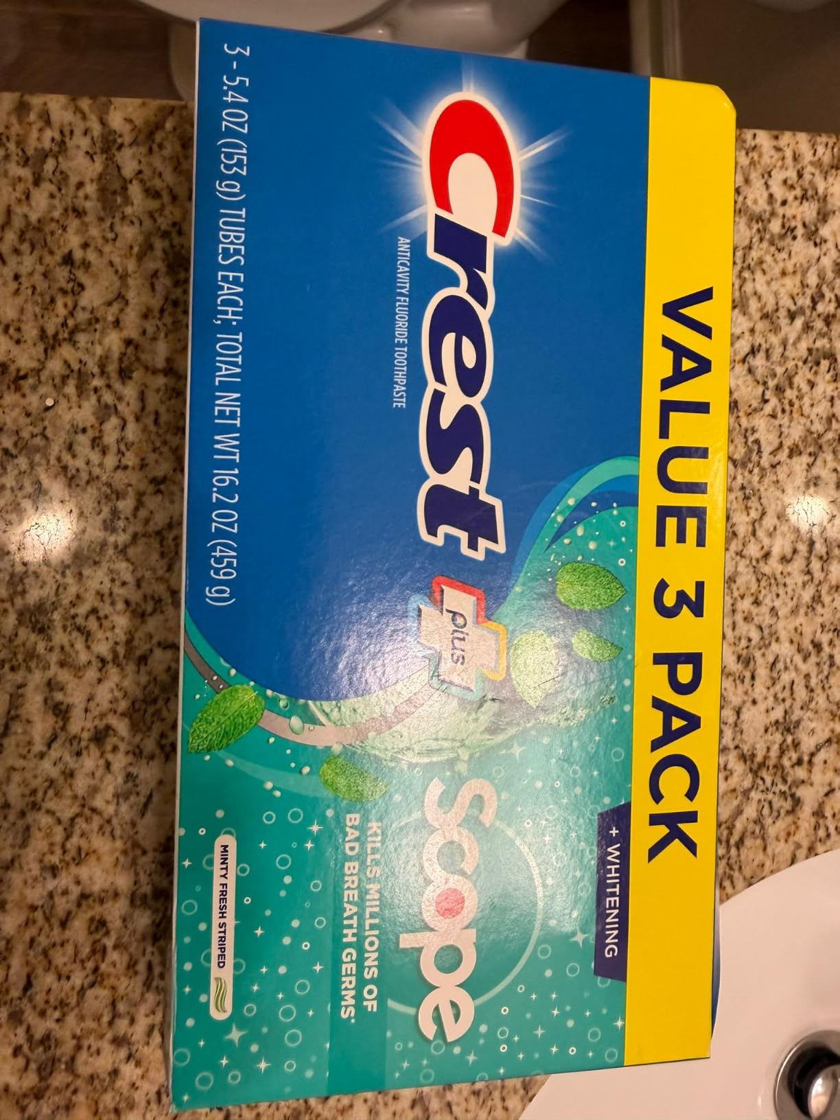 Crest + Scope Whitening Toothpaste - Pack of 3, 5.4 Oz Tubes - Anticavity Fluoride Toothpaste, Fresh Breath, Kills Germs - Tartar Protection, Enamel Protection - Minty Fresh Flavor customer photo 1