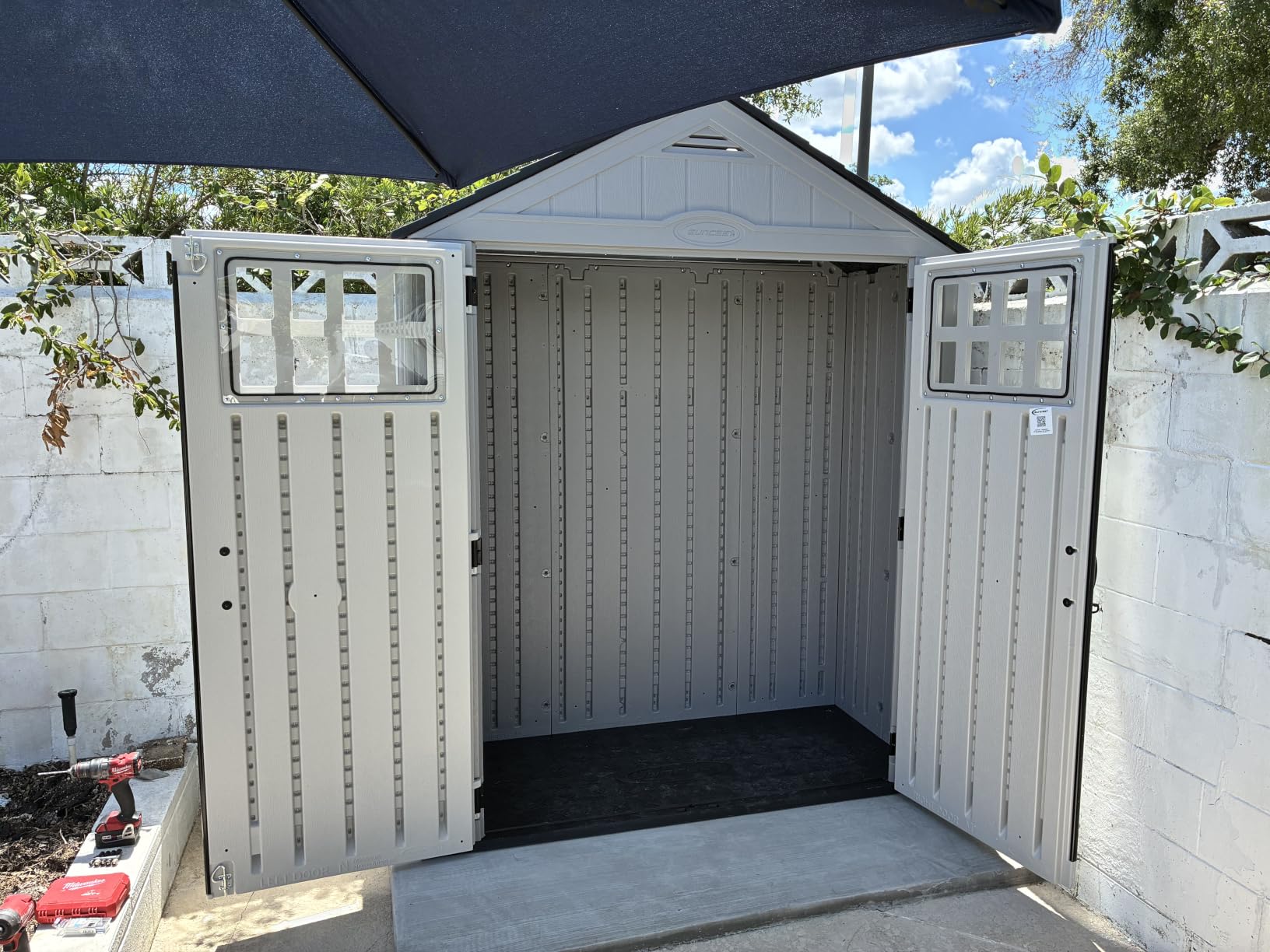 Suncast Everett 6x3 ft Vertical Storage Shed - Resin Outdoor Garden Shed with Floor, Windows, Skylight & Lockable Double Doors. Slim Yard Storage for Utility Tools & Backyard Equipment customer photo 2