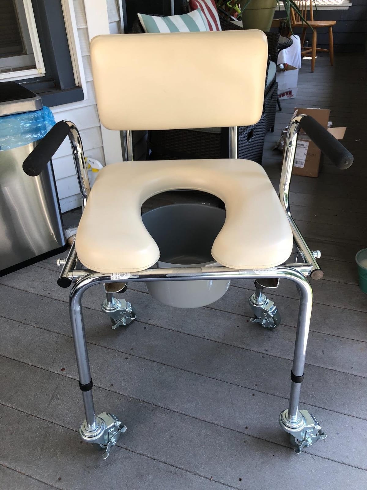 Medline Drop Arm Commode with Padded Seat and Backrest, Durable Toilet Chair for Adults and Seniors, Removable Pail, Splash Guard, Drop Down Arms for Easy Transfer, 350 lb. Weight Capacity, Tan customer photo 1