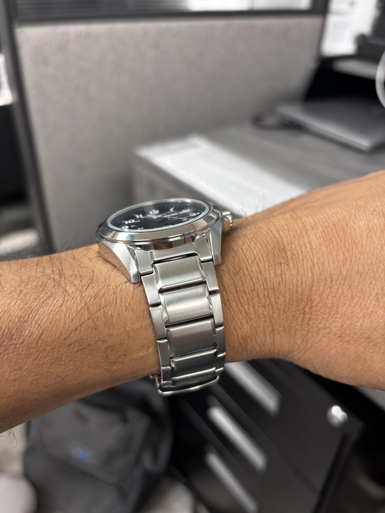 Citizen Men's Eco-Drive Weekender Garrison Field Watch in Stainless Steel, Black Dial, Arabic Markers, Luminous, 43mm (Model: AW0050-82E) customer photo 2