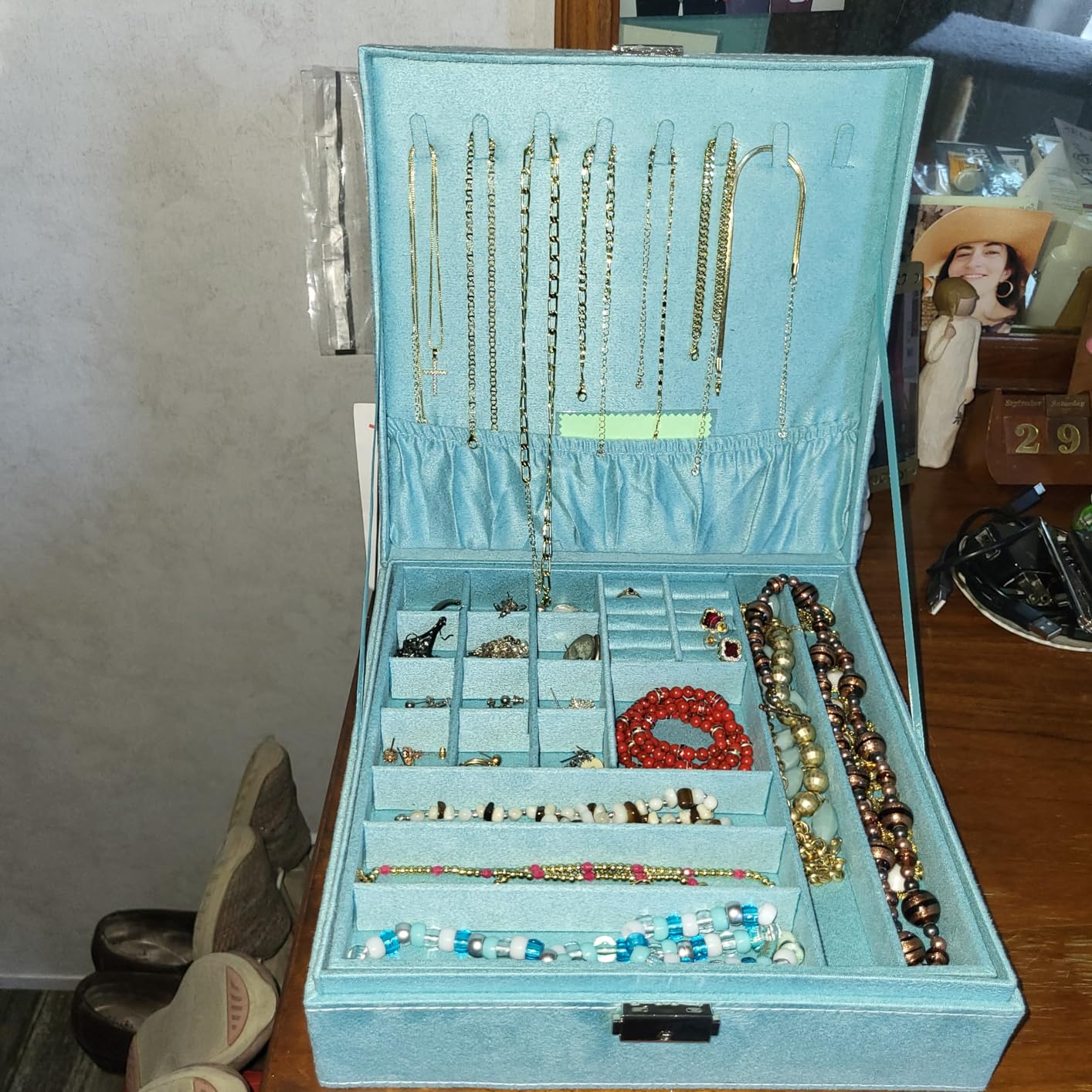 Two-Layer lint Jewelry Box Organizer Display Storage case with Lock (Blue) customer photo 1