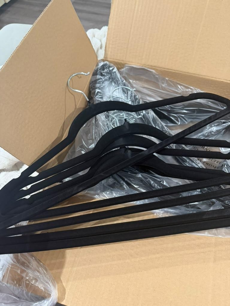 Techzoo 50 Pack New Premium Quality Velvet Hangers Ultra Thin Non Slip Adult Felt Space Saving Hangers for Closet Heavy Duty Coat Pants Jackets Dress Hangers 360° Swivel Hook Hold Upto 10 lbs Black customer photo 1