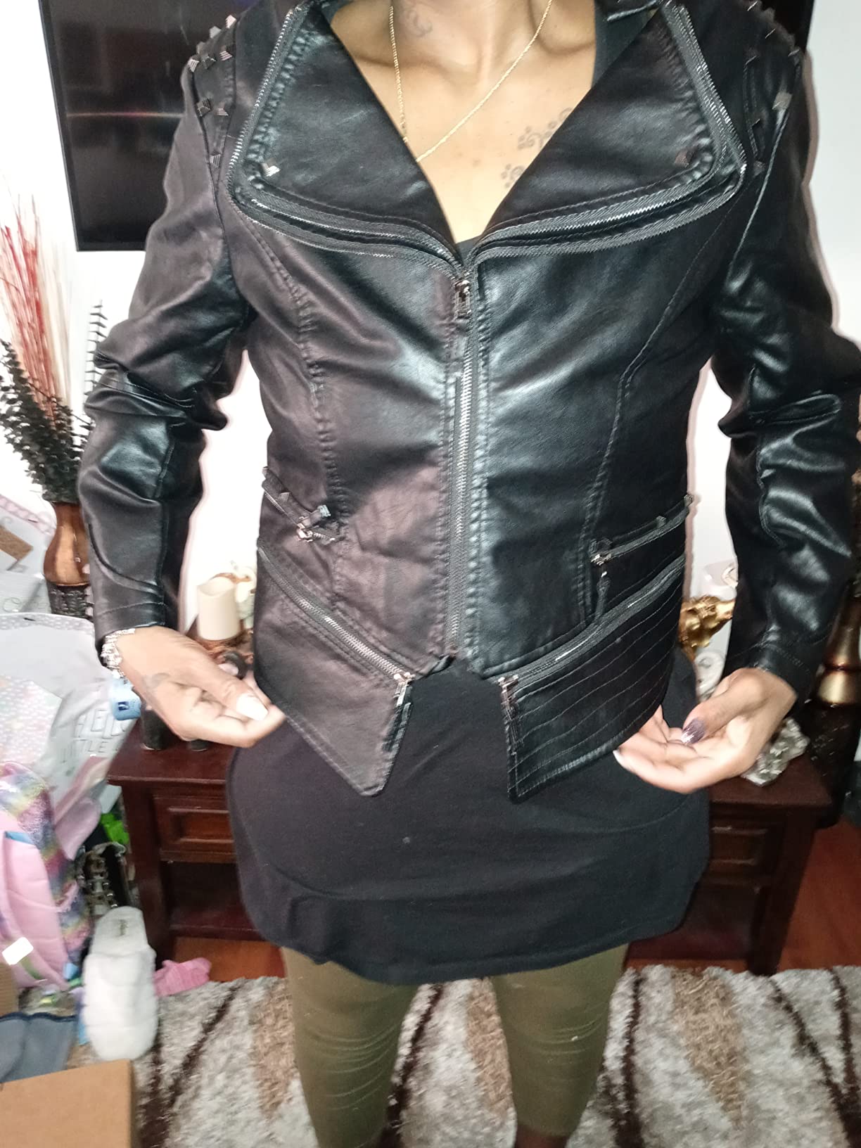 chouyatou Women's Fashion Studded Perfectly Shaping Faux Leather Biker Jacket customer photo 2