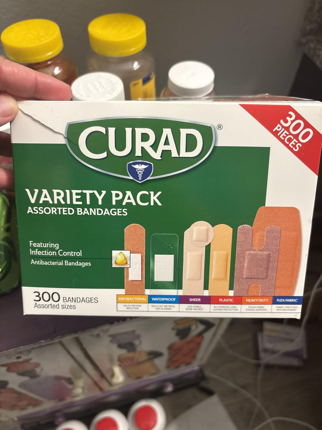 CURAD Assorted Bandages Variety Pack, 300 Count, 6 Styles Including Antibacterial, Waterproof, Sheer, Plastic, Heavy Duty & Flex-Fabric, Protects Scrapes, Cuts & Burns, Latex-Free customer photo 1