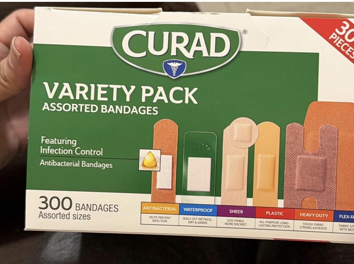 CURAD Assorted Bandages Variety Pack, 300 Count, 6 Styles Including Antibacterial, Waterproof, Sheer, Plastic, Heavy Duty & Flex-Fabric, Protects Scrapes, Cuts & Burns, Latex-Free customer photo 2