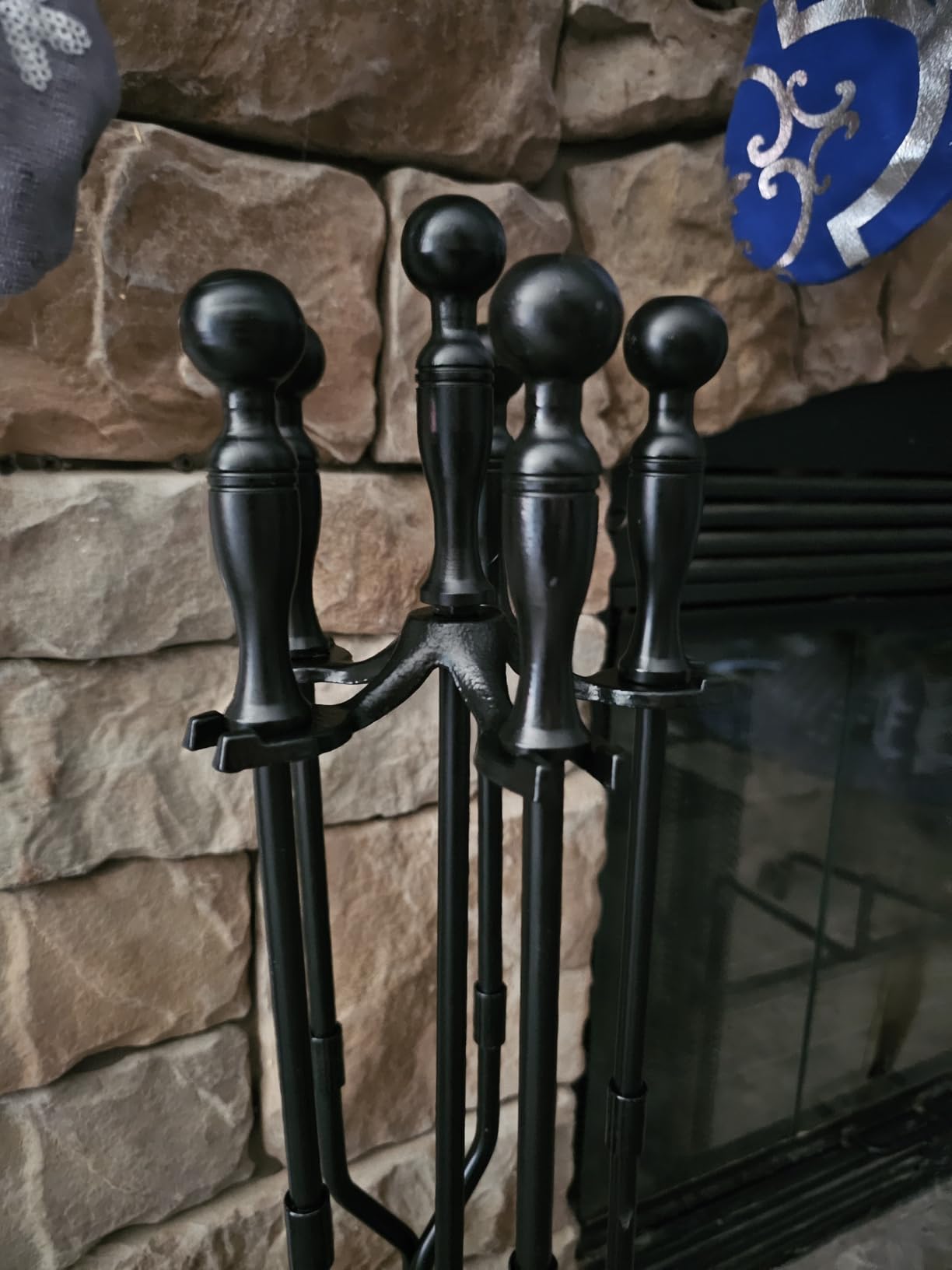 AMAGABELI Garden & Home 5 Pcs Fireplace Tools Brass Handles Wrought Iron Set Holder Indoor Outdoor Fireset Fire Pit Stand Rustic Tongs Shovel Brush Chimney Poker Wood Stove Hearth Accessories Kit customer photo 2