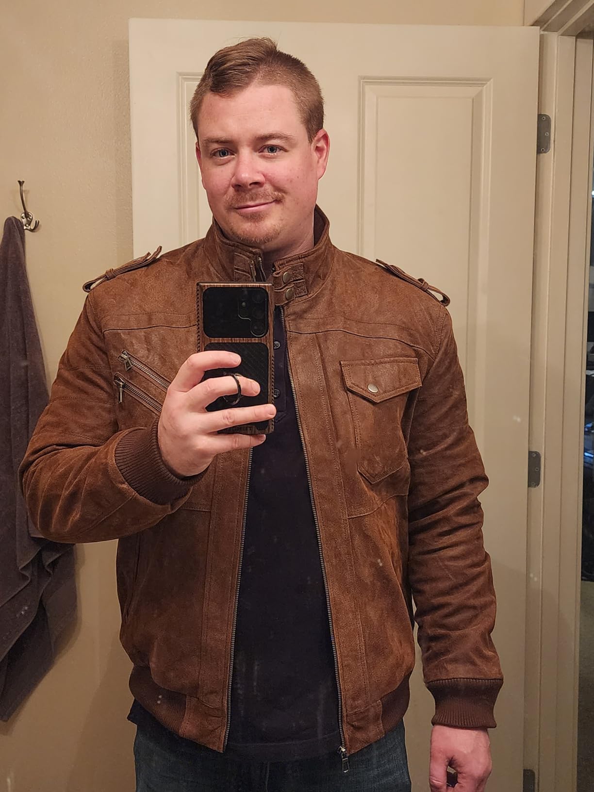 FLAVOR Men Brown Leather Motorcycle Jacket with Removable Hood customer photo 1