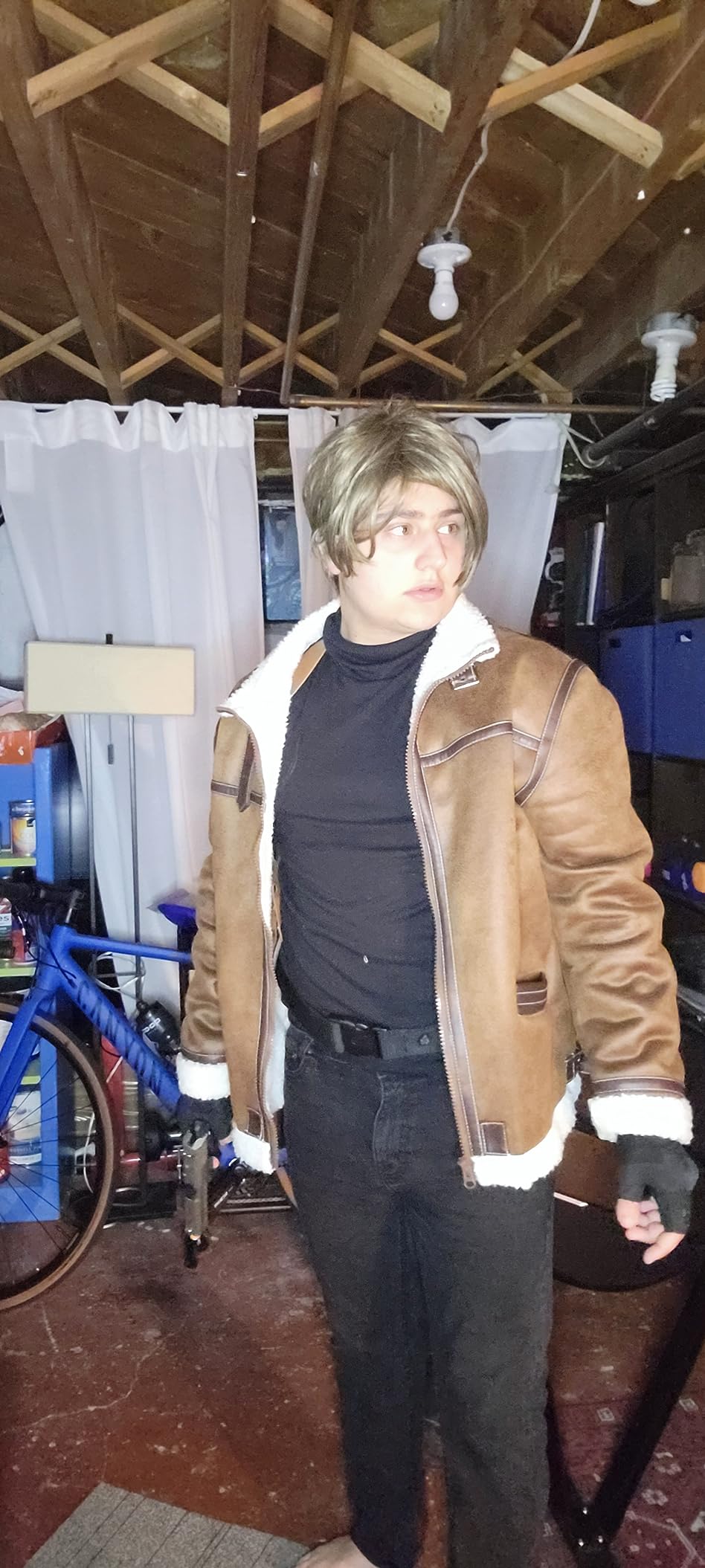 Men's Faux Leather Jacket Brown Motorcycle Bomber Shearling Suede Stand Collar customer photo 1
