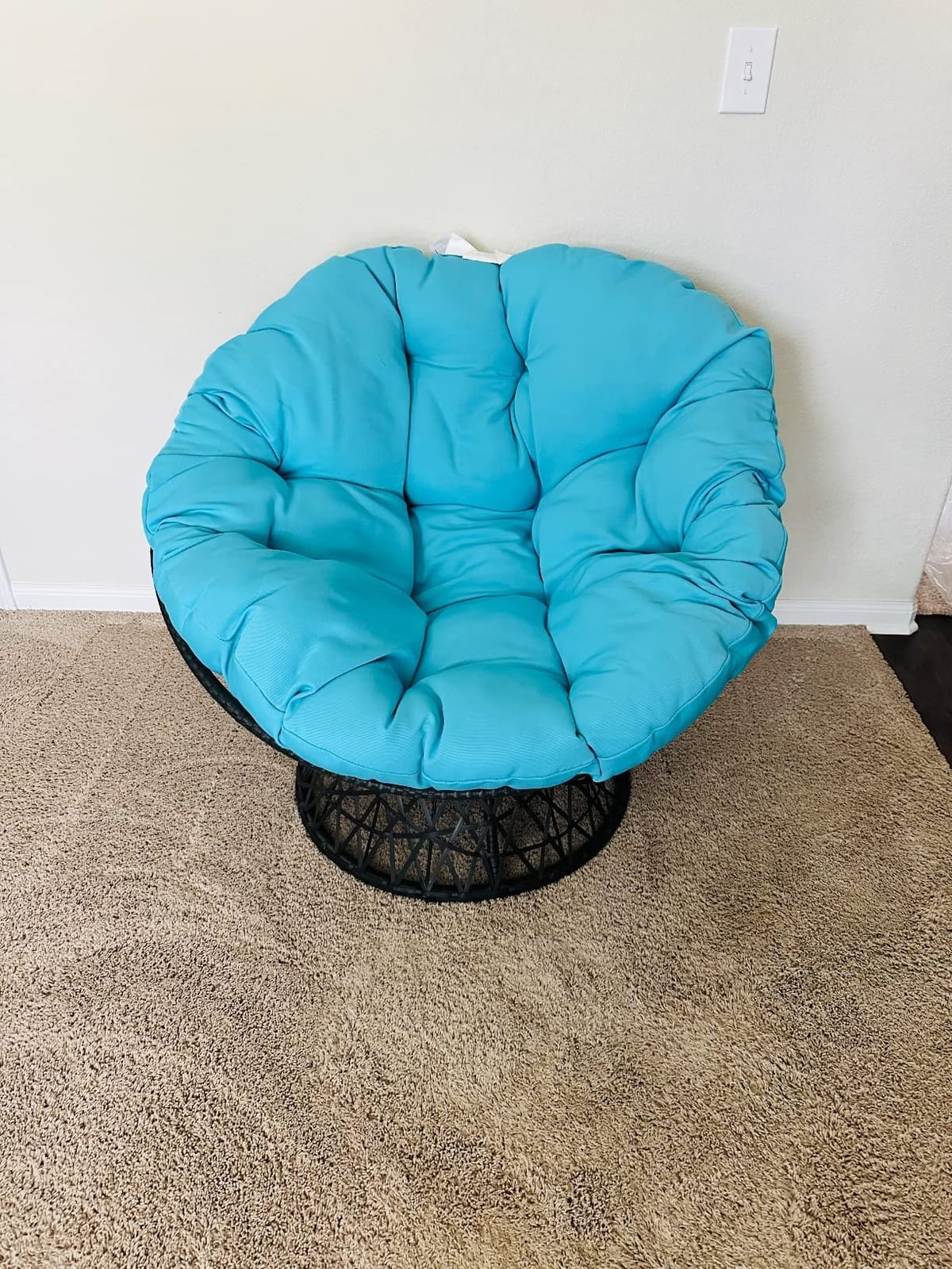 OSP Home Furnishings Wicker Papasan Chair with 360-Degree Swivel, Grey Frame with Blue Cushion customer photo 1