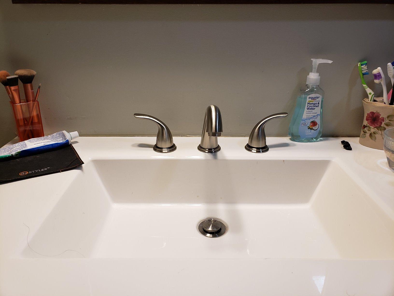 Phiestina 8 Inch 2 Handles 3 Holes Deck Mount Brushed Nickel Widespread Bathroom Faucet, with Pop Up Drain, WF008-5-BN customer photo 2