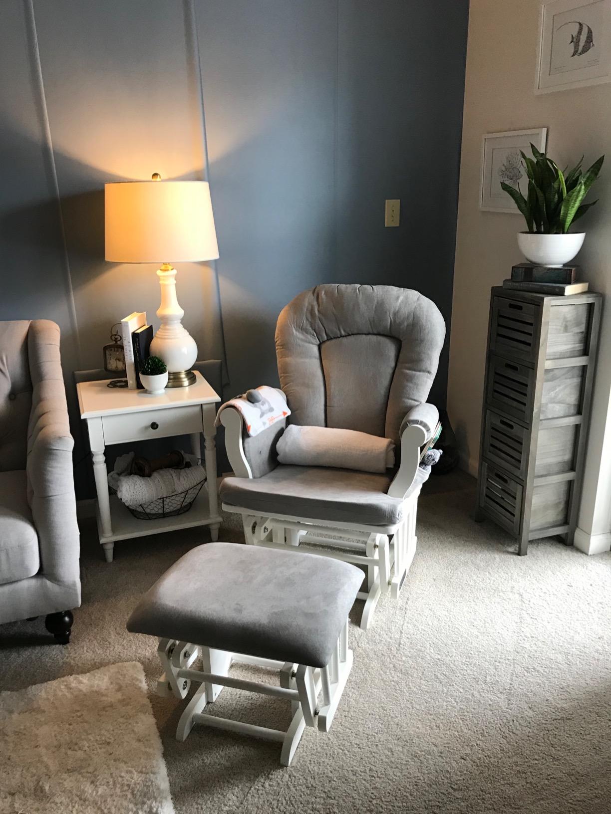 Child Craft Cozy Glider Rocker and Ottoman Set, Smooth Quiet Gliding Motion, Padded Cushion with Convenient Storage Pockets, Solid Wood Base & Frame (Matte White with Light Gray Cushion) customer photo 1