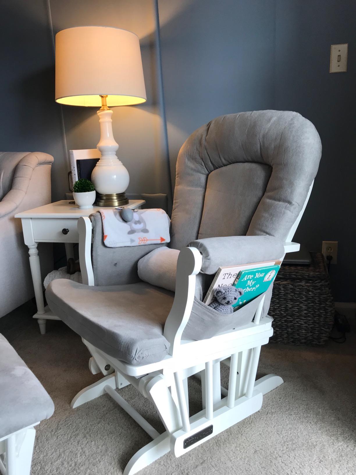 Child Craft Cozy Glider Rocker and Ottoman Set, Smooth Quiet Gliding Motion, Padded Cushion with Convenient Storage Pockets, Solid Wood Base & Frame (Matte White with Light Gray Cushion) customer photo 2