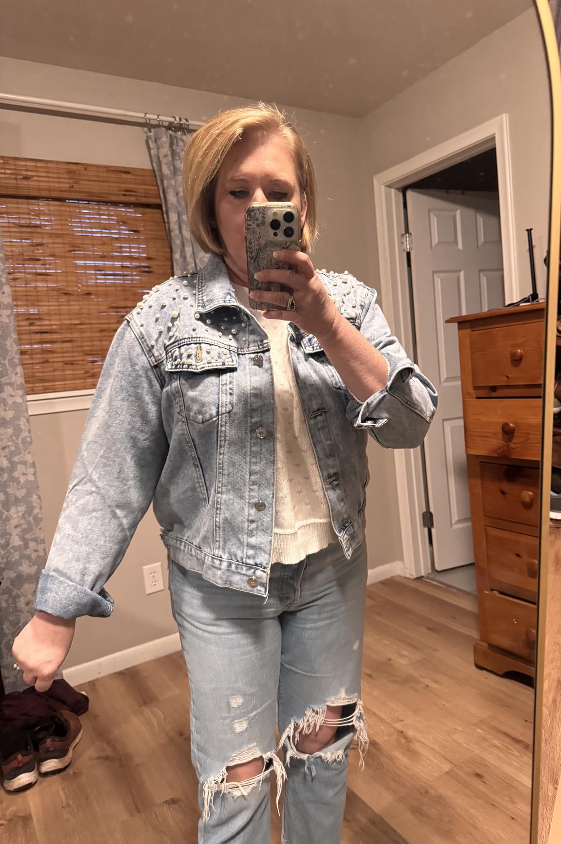 Kedera Women Oversized Denim Jacket Embroidered Pearls Beading Jeans Coat customer photo 1