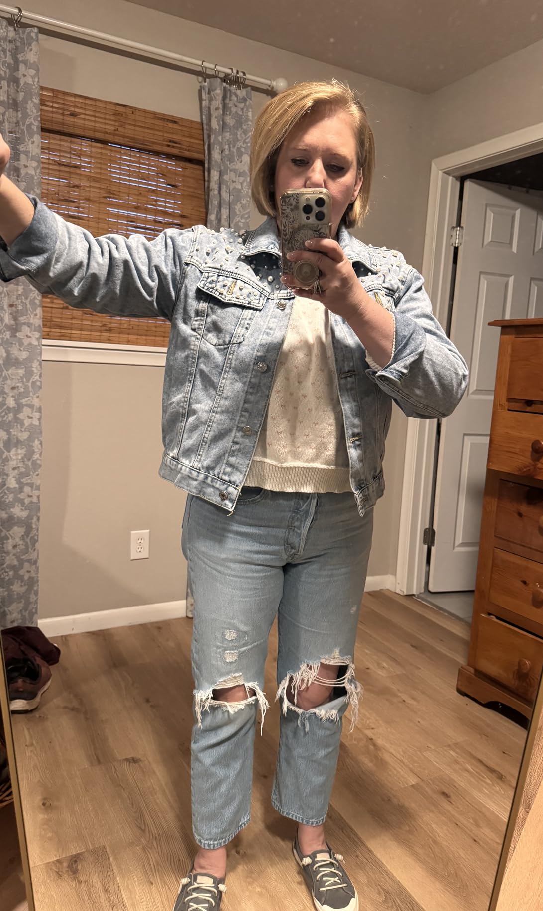 Kedera Women Oversized Denim Jacket Embroidered Pearls Beading Jeans Coat customer photo 2