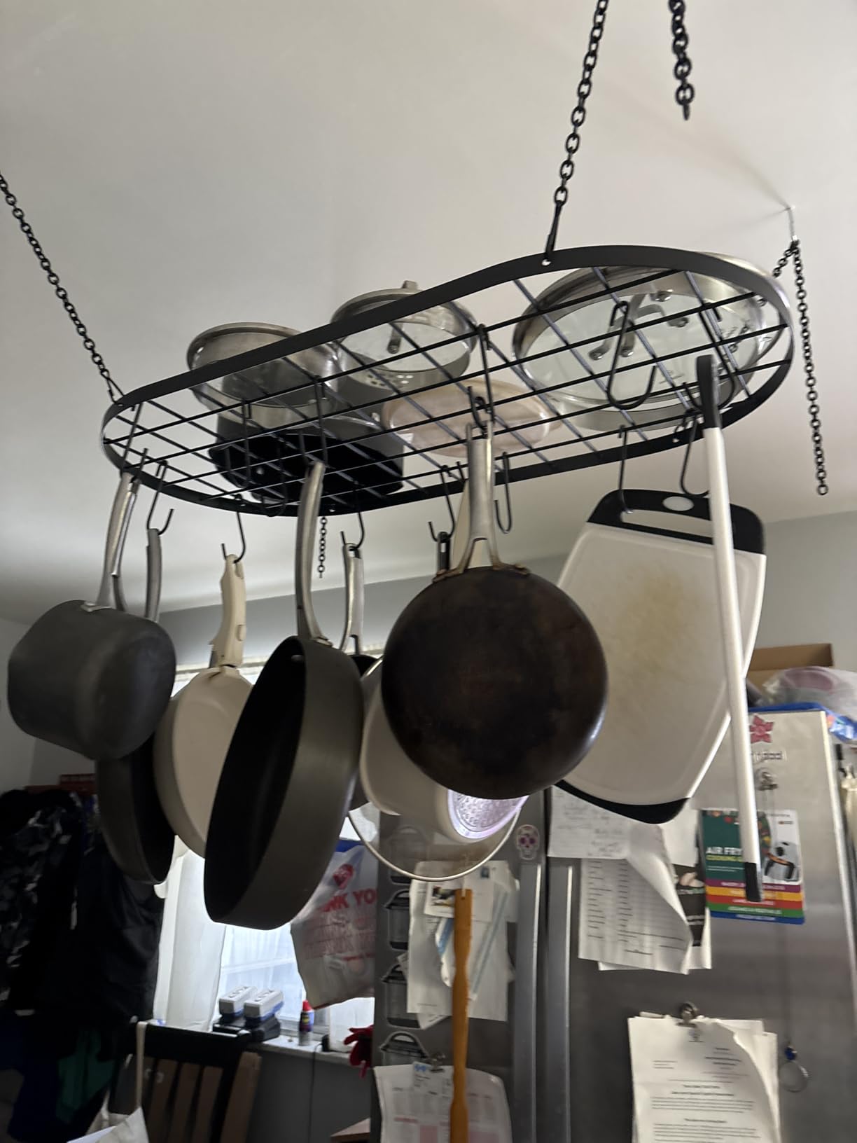 Vdomus Hanging Pot Rack - Ceiling Mount Kitchen Organizer for Pots and Pans with 15 Hooks - 33 x 17 Inches Heavy-Duty, Durable and Space-Saving Pan Holder - Silver customer photo 1
