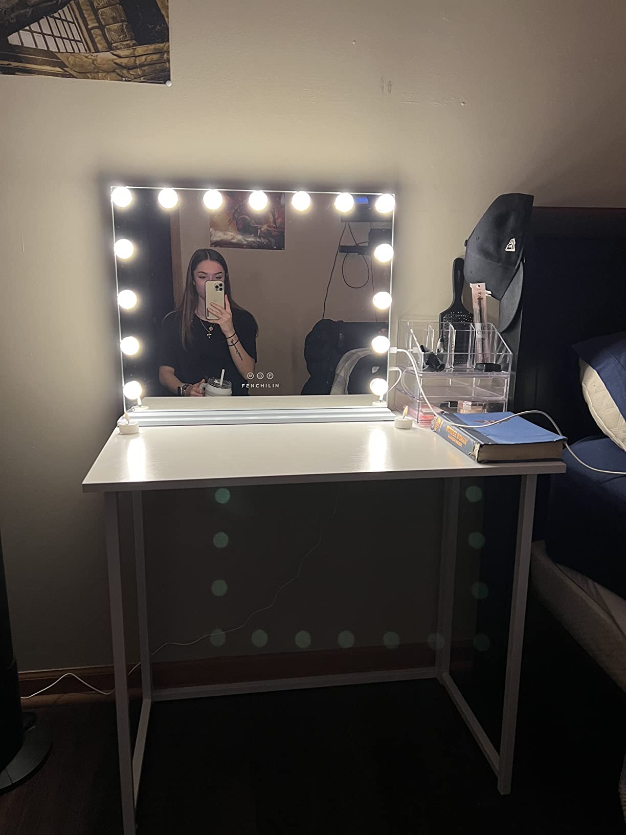 FENCHILIN Vanity Mirror with Lights, Hollywood Lighted Makeup Mirror with 15 Dimmable LED Bulbs for Dressing Room & Bedroom, Slim Metal Frame Design, Tabletop White customer photo 2
