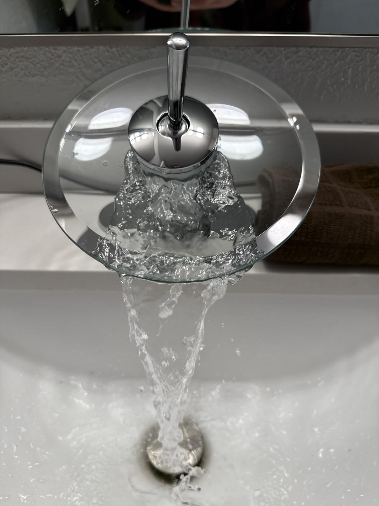 Waterfall Bathroom Faucet Unique Solid Brass Modern Circle One Handle Glass Waterfall Faucet Single Hole Pedestal Sink Faucets for Basin Vanity Corner Sink, Polished Chrome customer photo 1