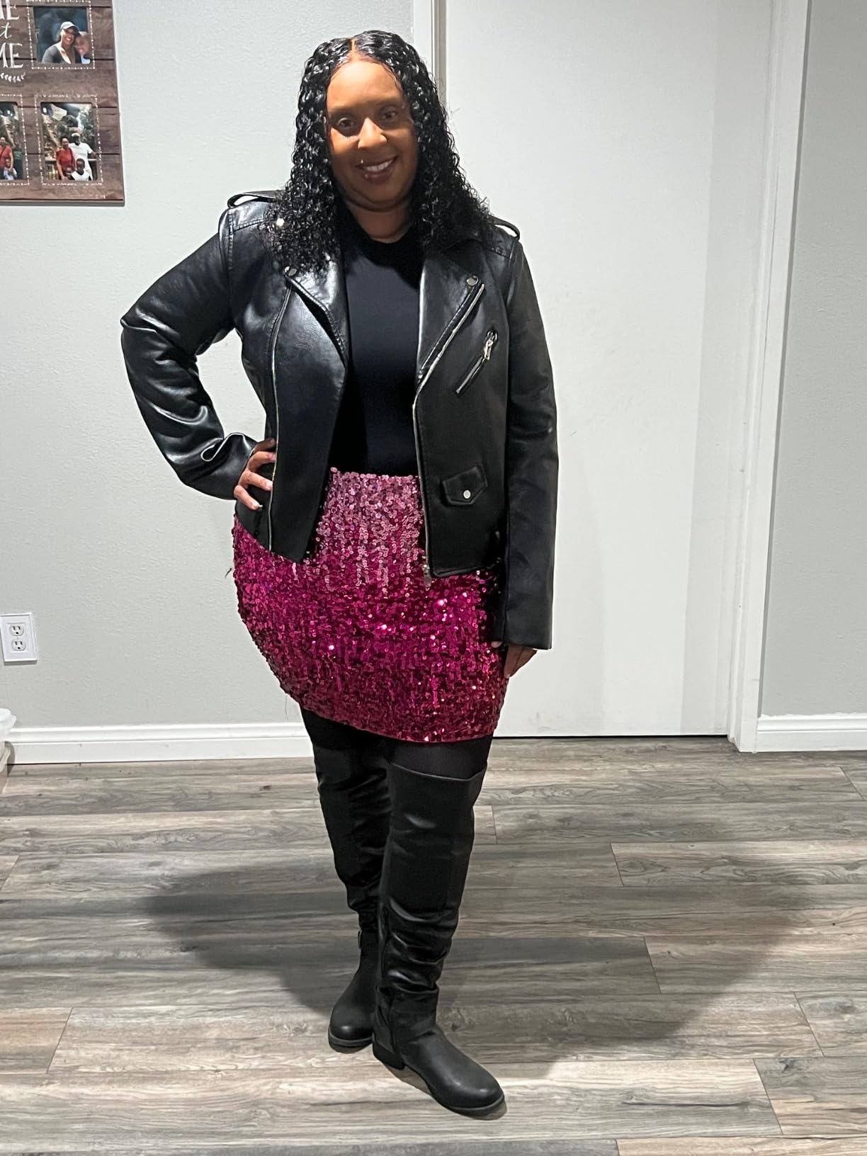 Women's Faux Leather Textured Short Moto Jacket Zip-up Slim PU Biker Coat with Pockets customer photo 1