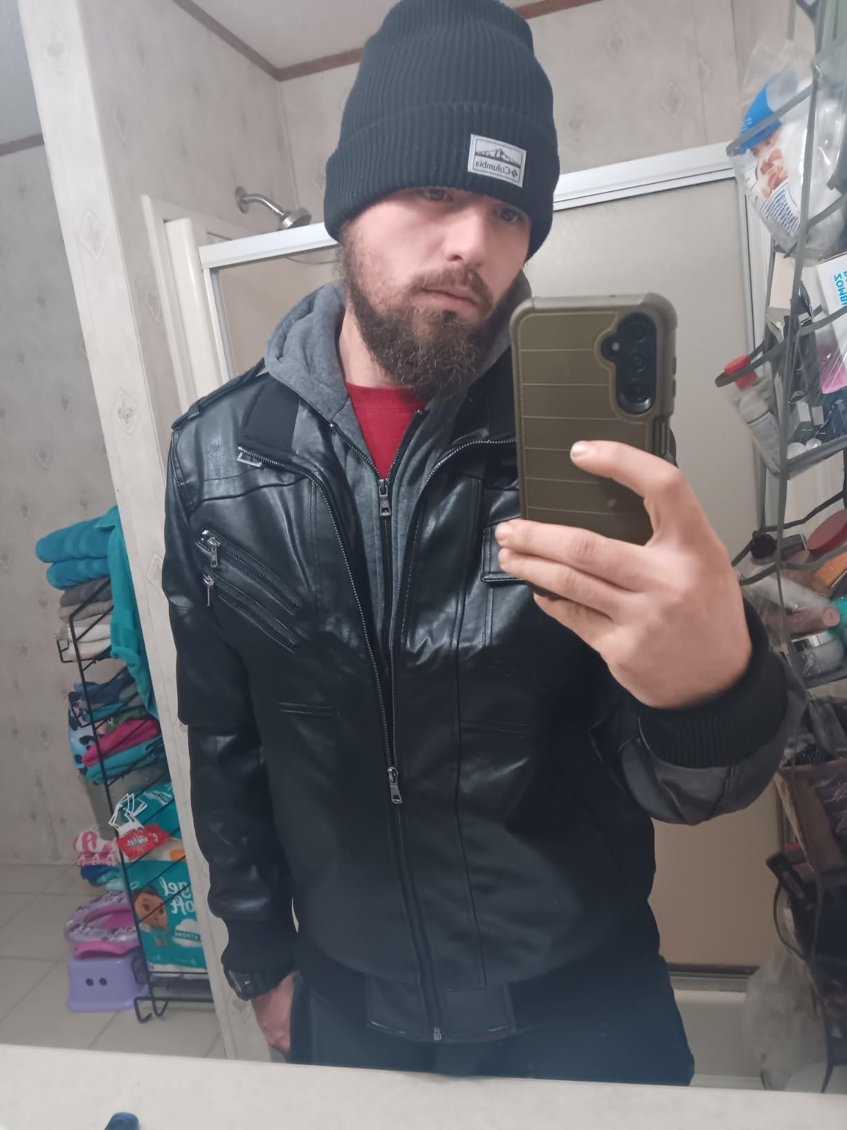HOOD CREW Men’s Casual Stand Collar PU Faux Leather Zip-Up Motorcycle Bomber Jacket With a Removable Hood customer photo 1