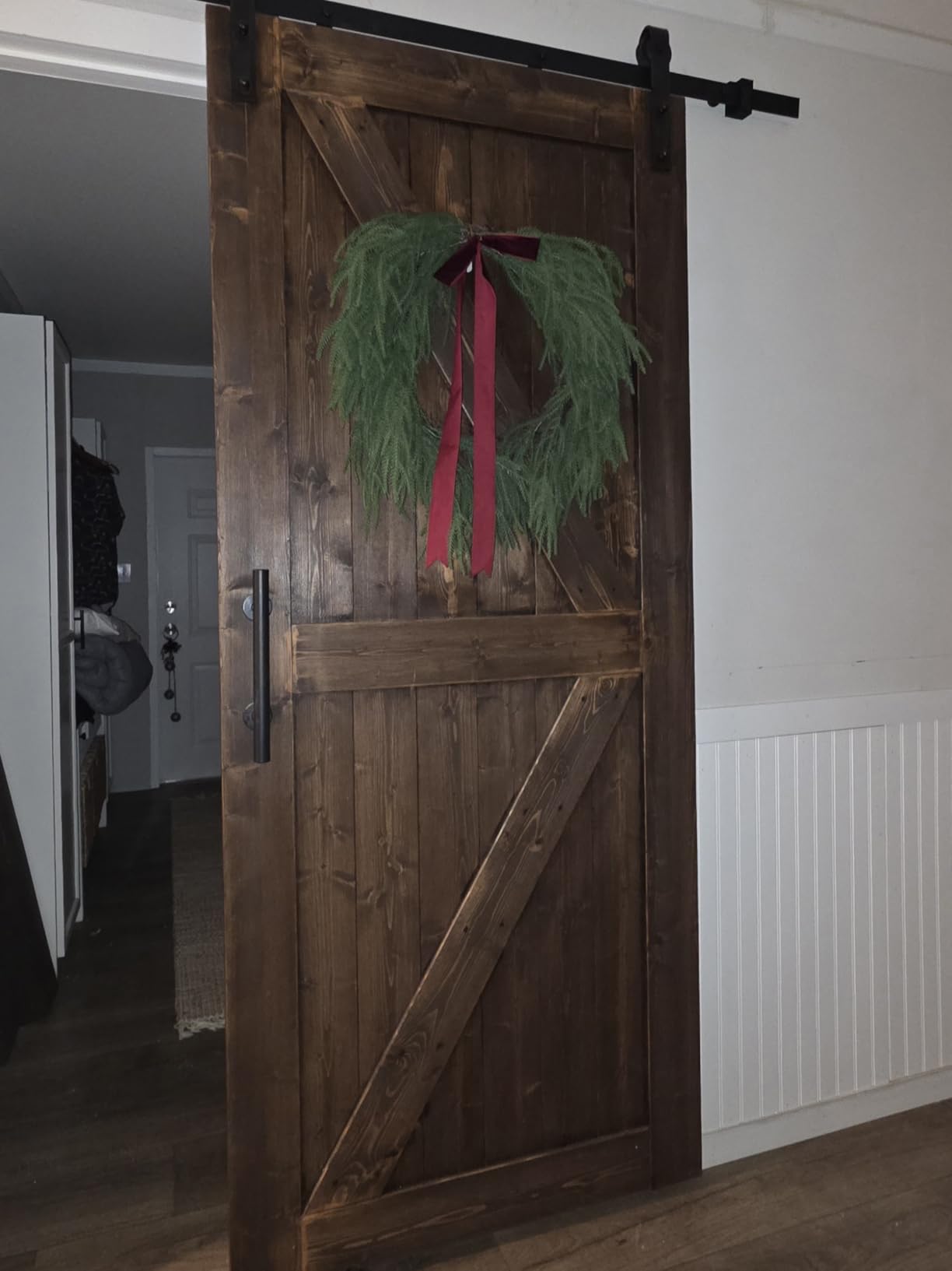 S&Z TOPHAND® 36in x 84in Unfinished British Brace Knotty Barn Door with Sliding Hardware Kit/Solid Wood/Sliding Door/Double Surfaces/A Simple Assembly is Required customer photo 1