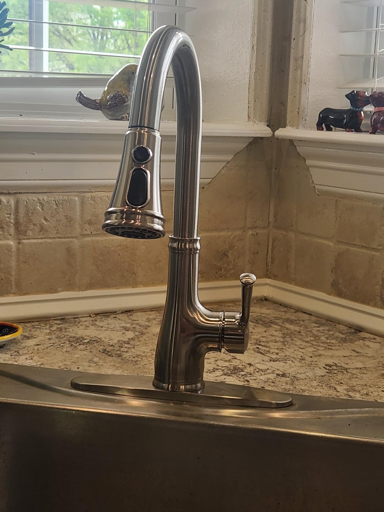 WEWE Vintage Kitchen Faucet, Pull-Down Sprayer, Brushed Nickel, High Arc | 3 Modes Sprayer, 360 Swivel, SUS304, Fits 1- or 3-Hole Sinks, 20-Inch Hose, Ceramic Cartridge, Fits Bar & Prep Sinks customer photo 2