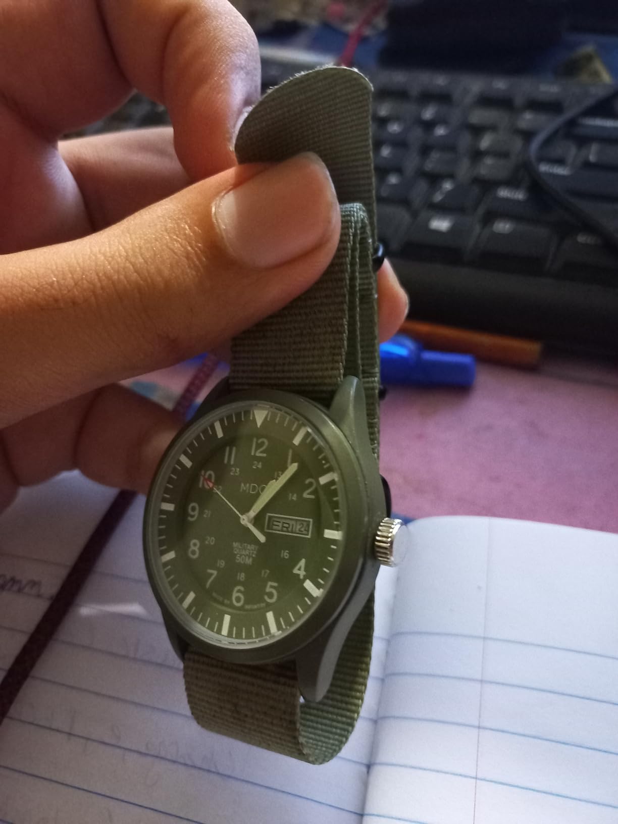 Infantry Mens Military Field Watch, Vietnam Style, 12/24H, Green Nylon Band customer photo 2