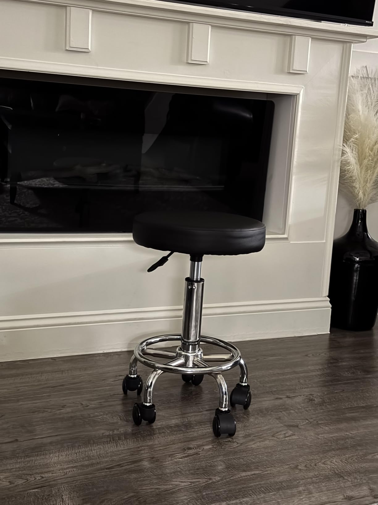 KKTONER PU Leather Round Rolling Stool with Foot Rest Swivel Height Adjustable Stool Spa Drafting Salon Tattoo Work Office Massage Task Chair White Small (White) customer photo 2