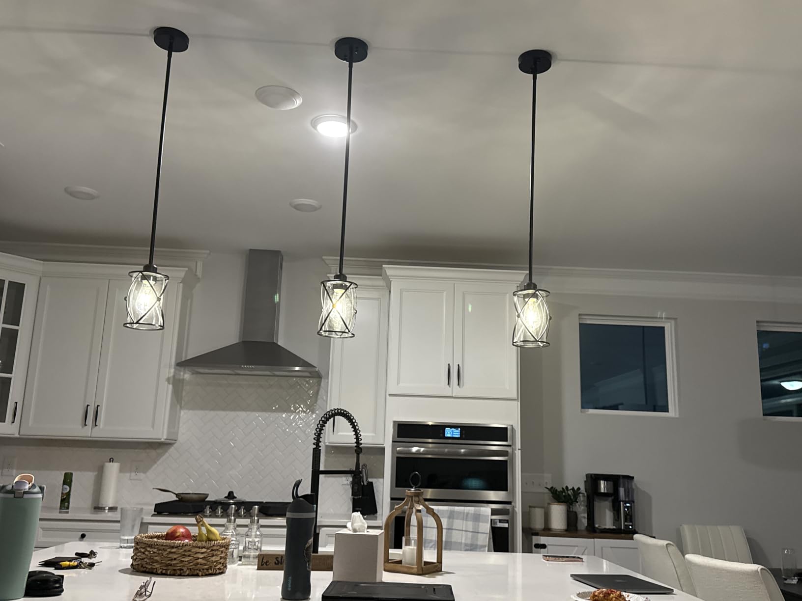 Glass Pendant Lights Kitchen Island 2 Pack, Black Mini Pendant Light with Clear Glass, Farmhouse Industrial Cage Hanging Lighting for Kitchen Sink Dining Room Bathroom, CH9176-1-2PK customer photo 1