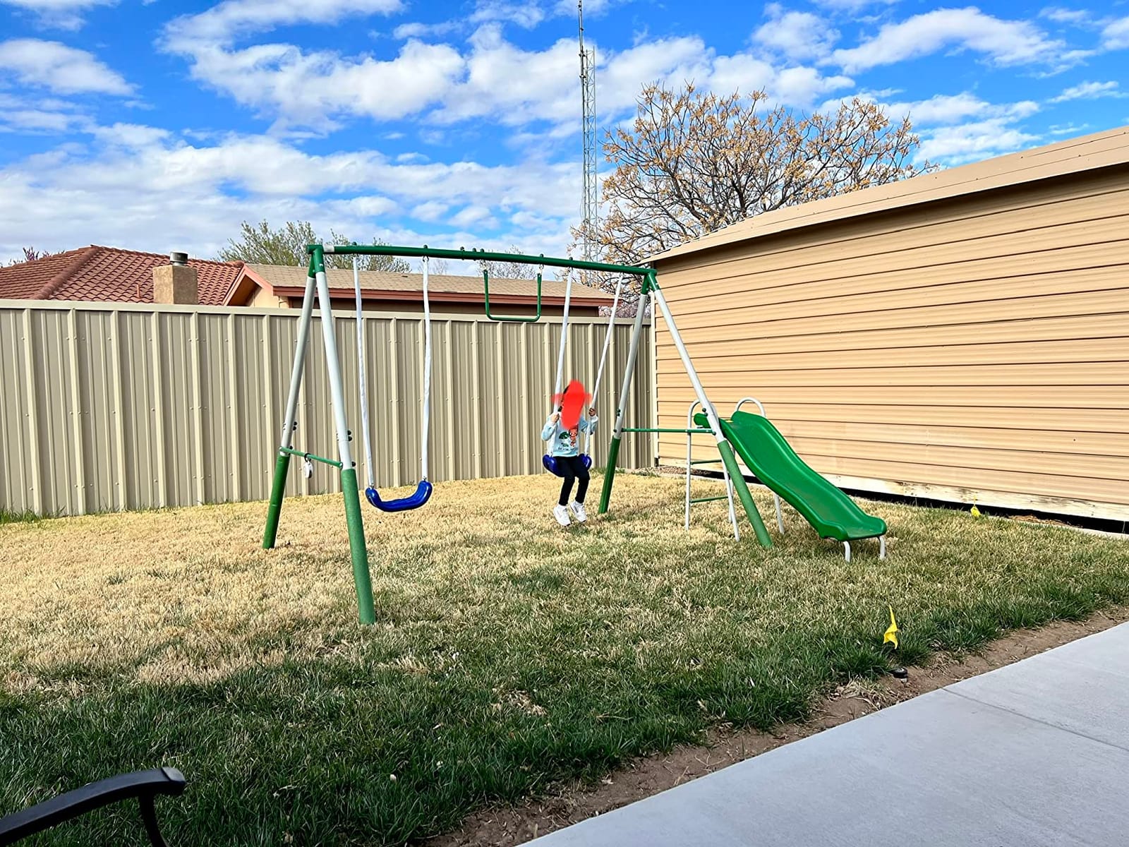 Sportspower Outdoor Backyard 400lbs My 1st Metal Swing Set for Kids 3-8 with Trapeze, on 5ft Slide, 6.1ft Durable Steel Frame – Amazon Exclusive customer photo 2