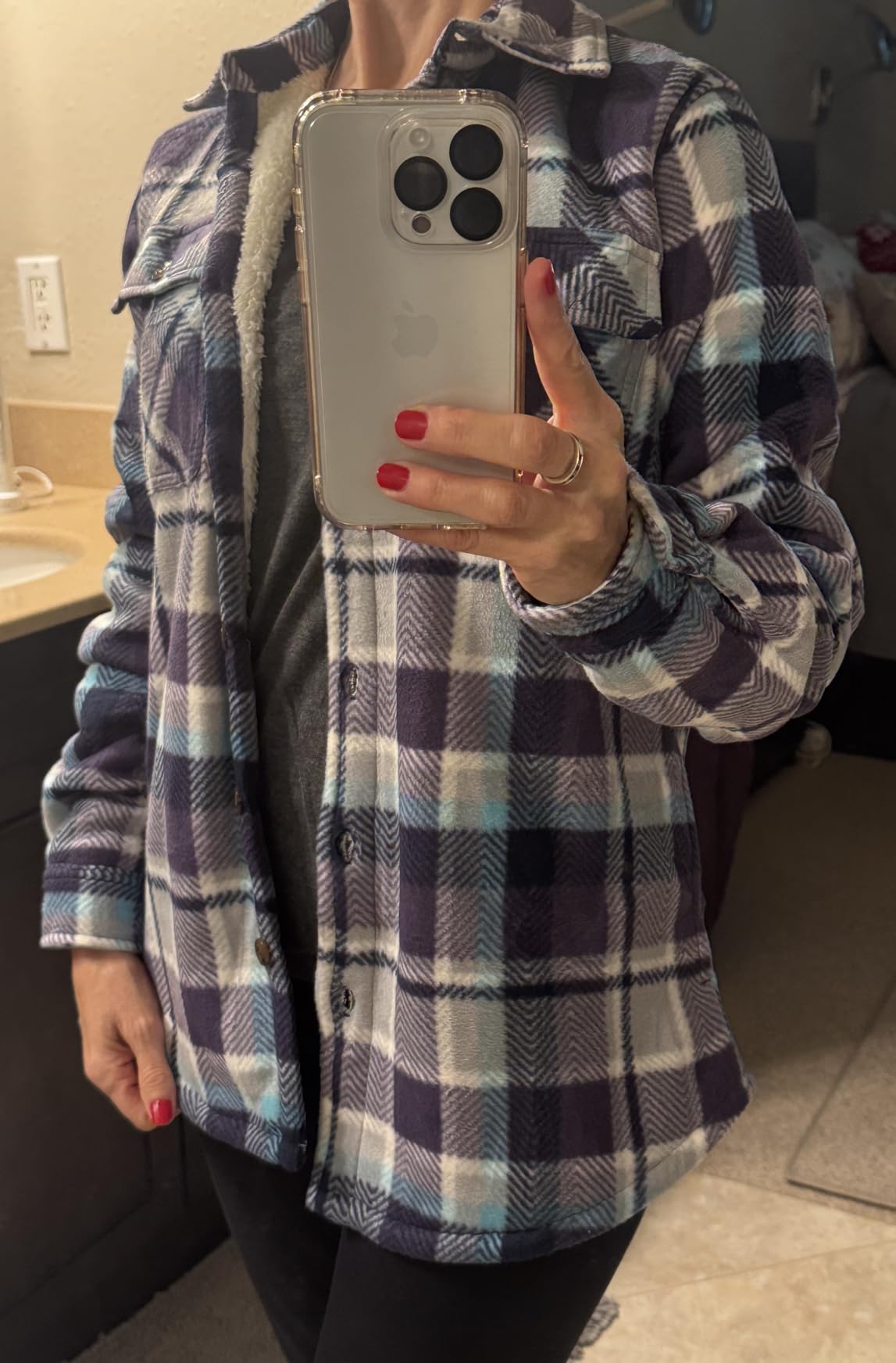 ThCreasa Womens Sherpa lined Button Up Plaid Shacket with Pockets customer photo 2
