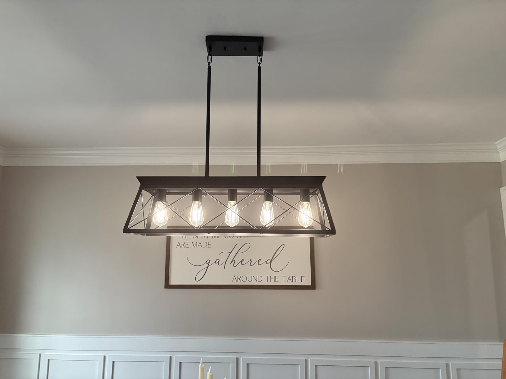Farmhouse Chandeliers for Dining Room, Rustic Kitchen Island Light Fixture, 5-Light Linear Pendant Lighting Rectangular Chandelier, Metal Solid Ceiling Lights customer photo 1